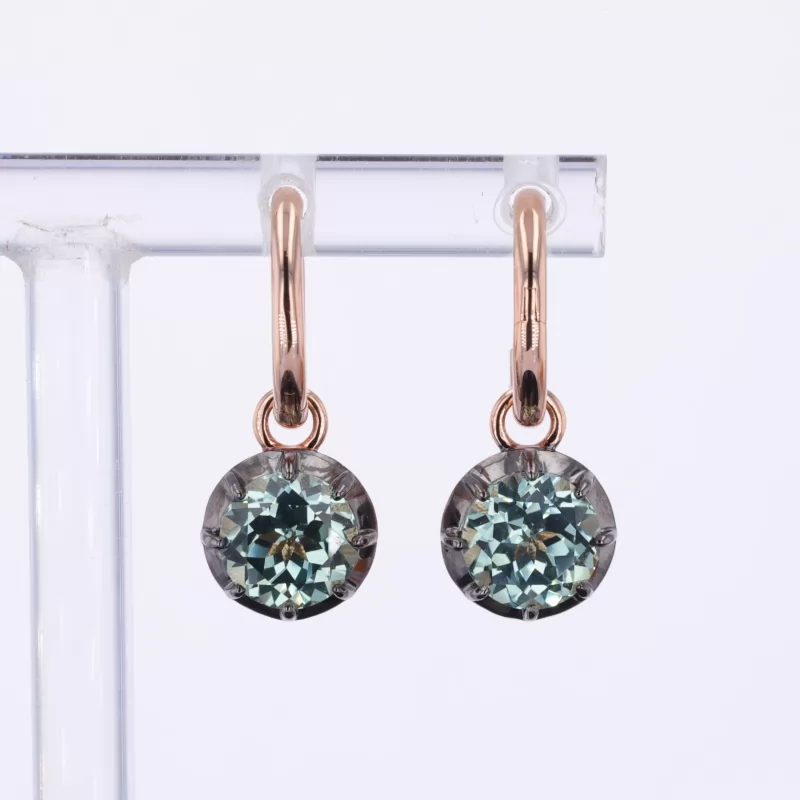 6.5mm Round Brilliant Cut Green Moissanite 18K Rose Gold Diamond Earrings