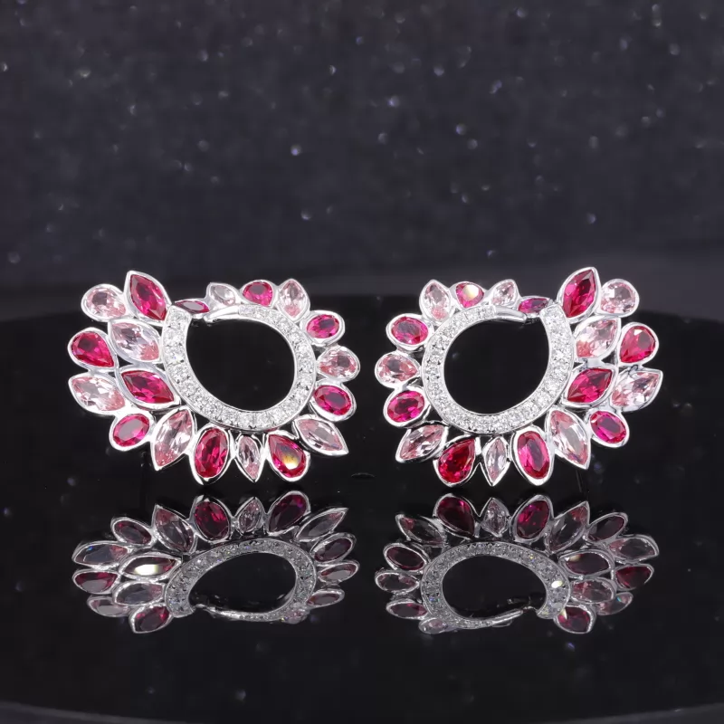 Pink and Ruby color Lab Sapphire Gemstone Bezel Set S925 Sterling Silver Diamond Stud Earrings