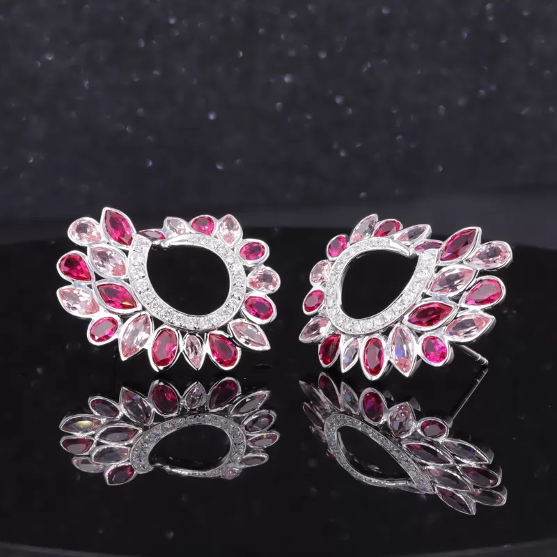 Pink and Ruby color Lab Sapphire Gemstone Bezel Set S925 Sterling Silver Diamond Stud Earrings