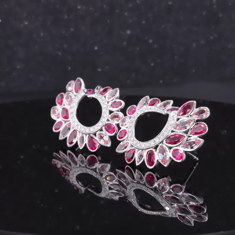 Pink and Ruby color Lab Sapphire Gemstone Bezel Set S925 Sterling Silver Diamond Stud Earrings