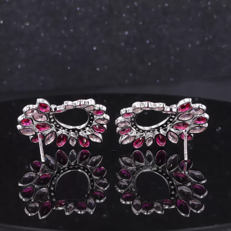 Pink and Ruby color Lab Sapphire Gemstone Bezel Set S925 Sterling Silver Diamond Stud Earrings