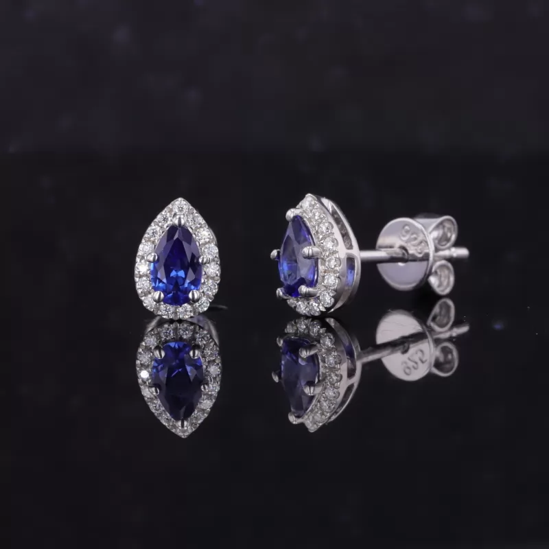 3×5mm Pear Cut Lab Grown Sapphire Halo Set S925 Sterling Silver Diamond Stud Earrings