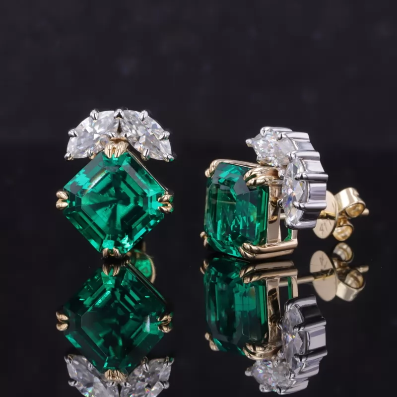 8×8mm Asscher Cut Lab Grown Emerald 10K Yellow Gold Diamond Stud Earrings