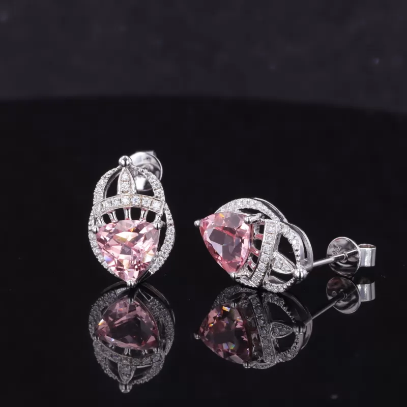 7×7mm Trilliant Cut Lab Grown Sukura Pink Sapphire 18K White Gold Diamond Stud Earrings