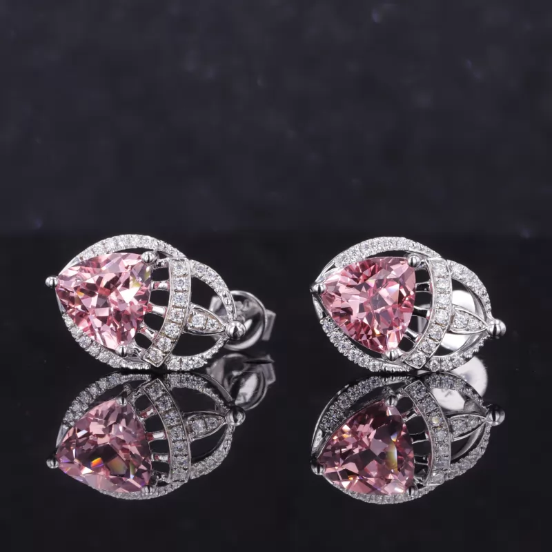 7×7mm Trilliant Cut Lab Grown Sukura Pink Sapphire 18K White Gold Diamond Stud Earrings