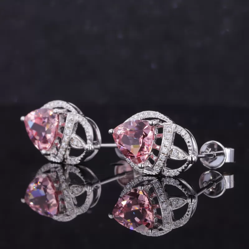 7×7mm Trilliant Cut Lab Grown Sukura Pink Sapphire 18K White Gold Diamond Stud Earrings