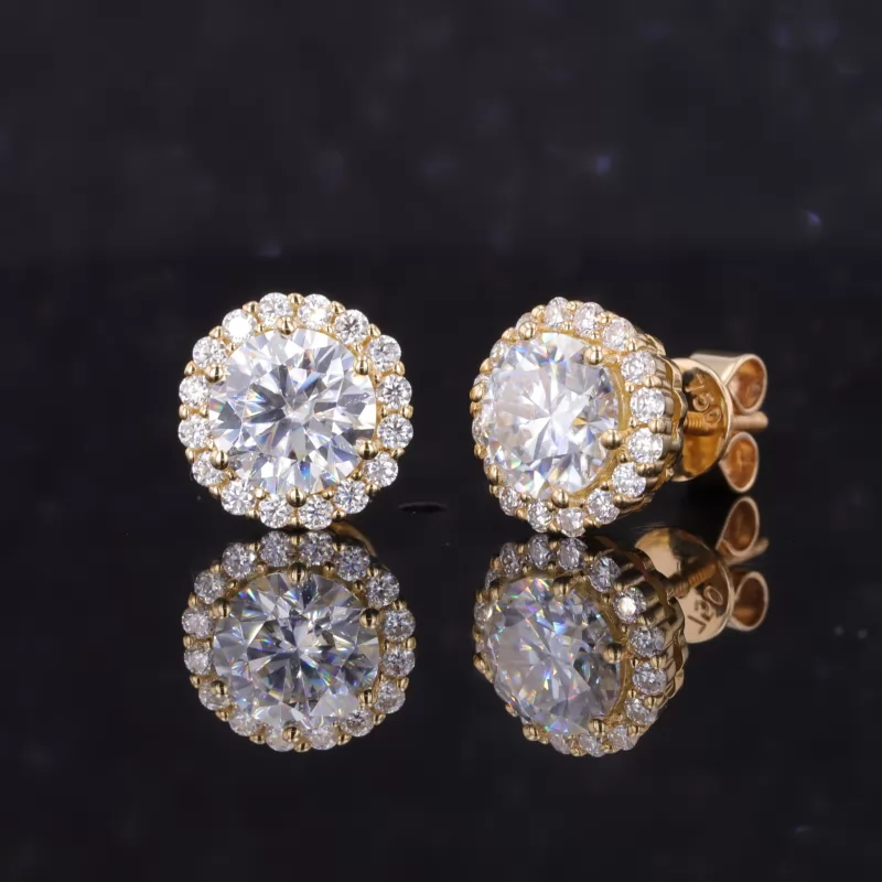 6.5mm Round Brilliant Cut Moissanite Halo Set 18K Yellow Gold Diamond Stud Earrings