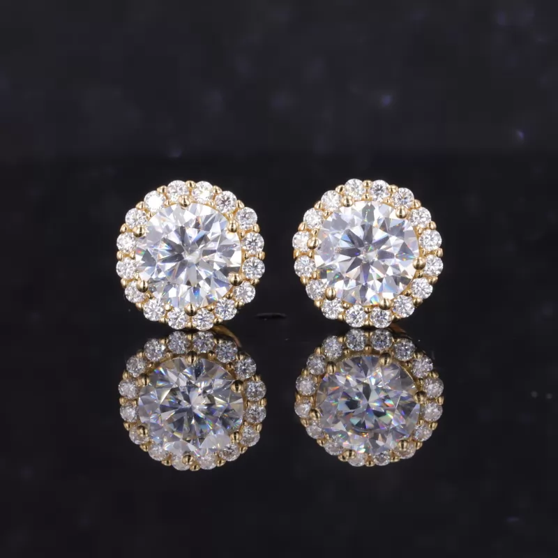 6.5mm Round Brilliant Cut Moissanite Halo Set 18K Yellow Gold Diamond Stud Earrings