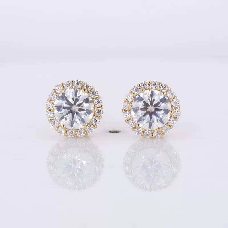 6.5mm Round Brilliant Cut Moissanite Halo Set 18K Yellow Gold Diamond Stud Earrings