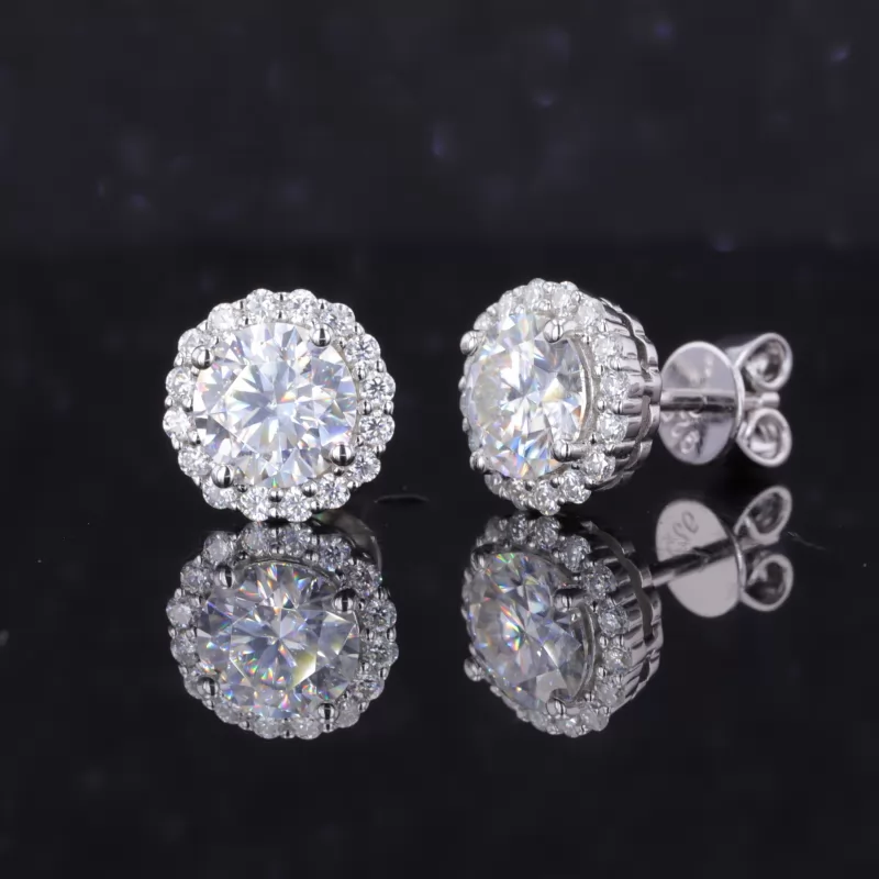 6.2mm Round Brilliant Cut Moissanite Halo Set S925 Sterling Silver Diamond Stud Earrings