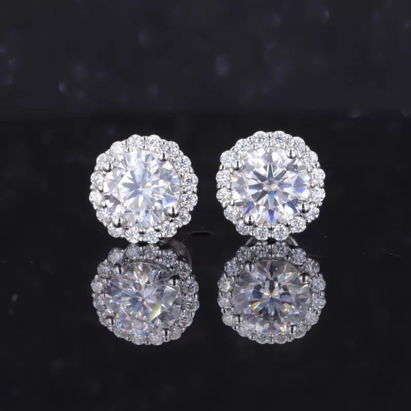 6.2mm Round Brilliant Cut Moissanite Halo Set S925 Sterling Silver Diamond Stud Earrings