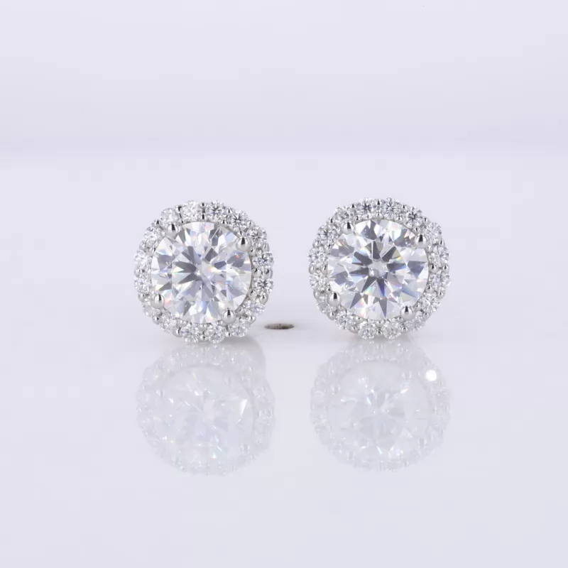 6.2mm Round Brilliant Cut Moissanite Halo Set S925 Sterling Silver Diamond Stud Earrings