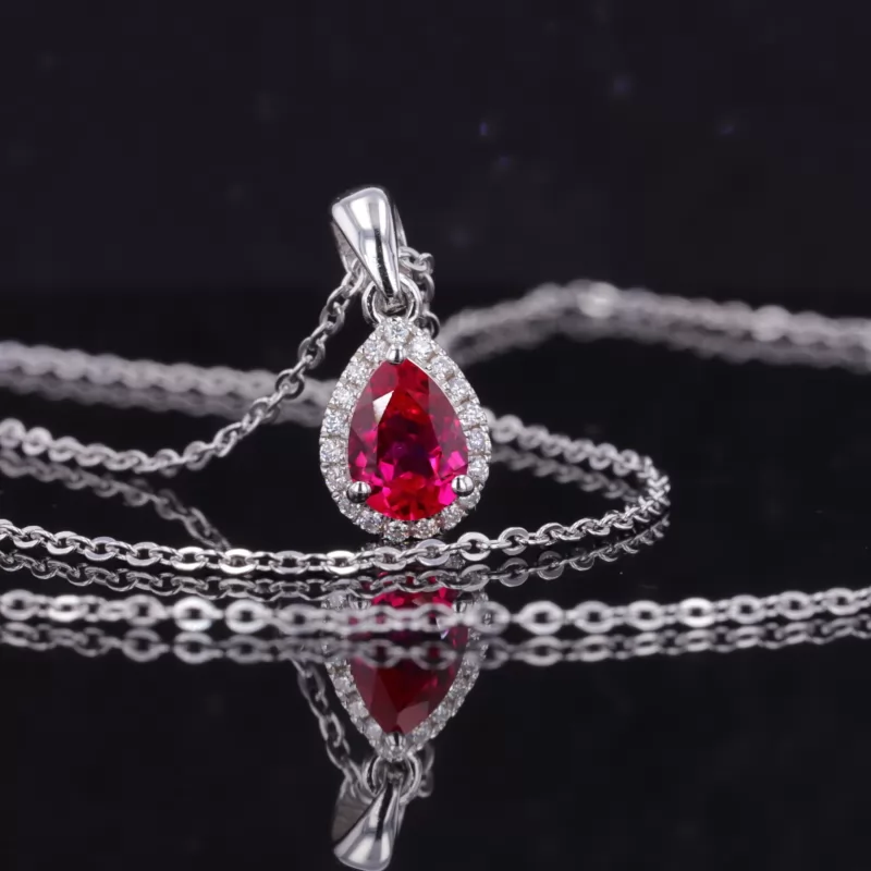 5×7mm Pear Cut Lab Grown Ruby S925 Sterling Silver Diamond Pendant Necklace