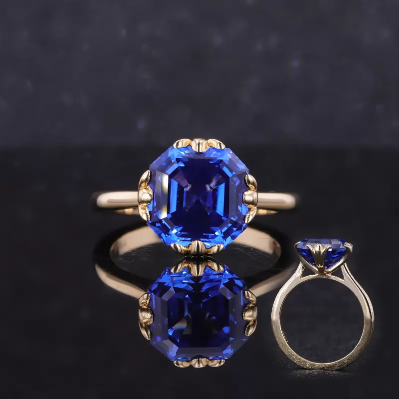 9×9mm Asscher Cut Lab Grown Sapphire 10K Yellow Gold Solitaire Engagement Ring