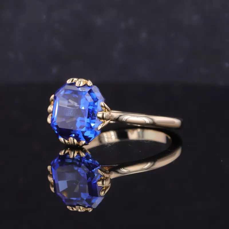 9×9mm Asscher Cut Lab Grown Sapphire 10K Yellow Gold Solitaire Engagement Ring