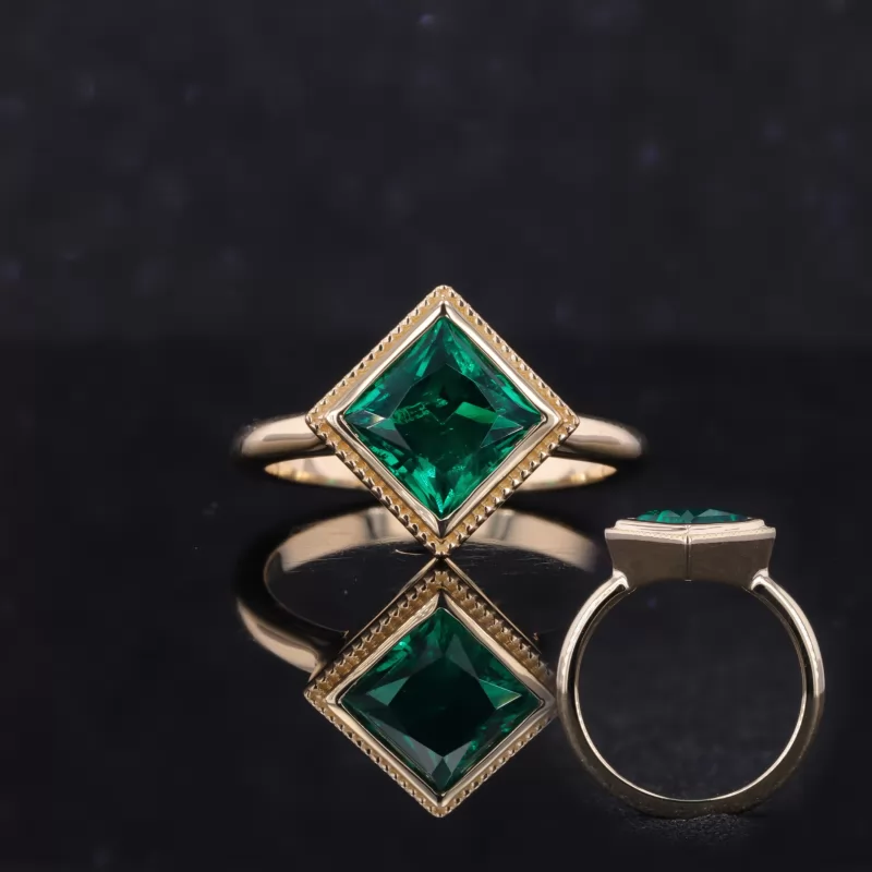 6×6mm Princess Cut Lab Grown Emerald Bezel Set 14K Gold Solitaire Engagement Ring