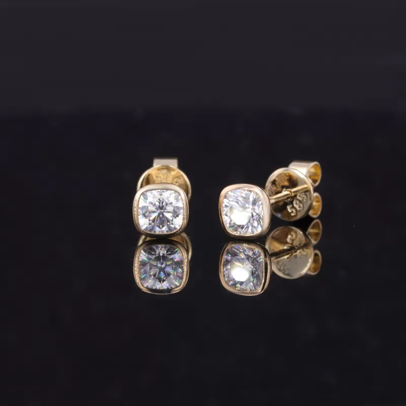 4×4mm Cushion Cut Moissanite Bezel Set 14K Yellow Gold Diamond Stud Earrings