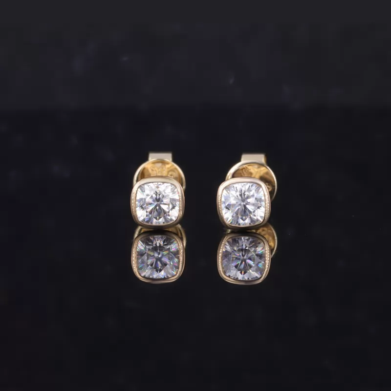 4×4mm Cushion Cut Moissanite Bezel Set 14K Yellow Gold Diamond Stud Earrings