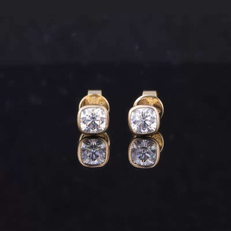 4×4mm Cushion Cut Moissanite Bezel Set 14K Gold Diamond Stud Earrings
