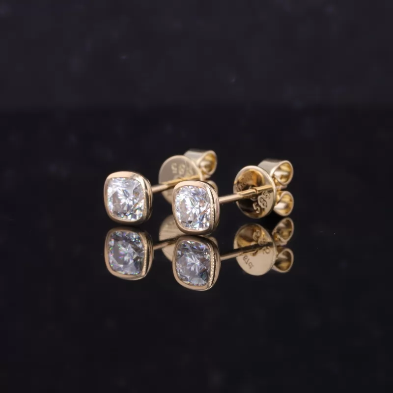 4×4mm Cushion Cut Moissanite Bezel Set 14K Yellow Gold Diamond Stud Earrings