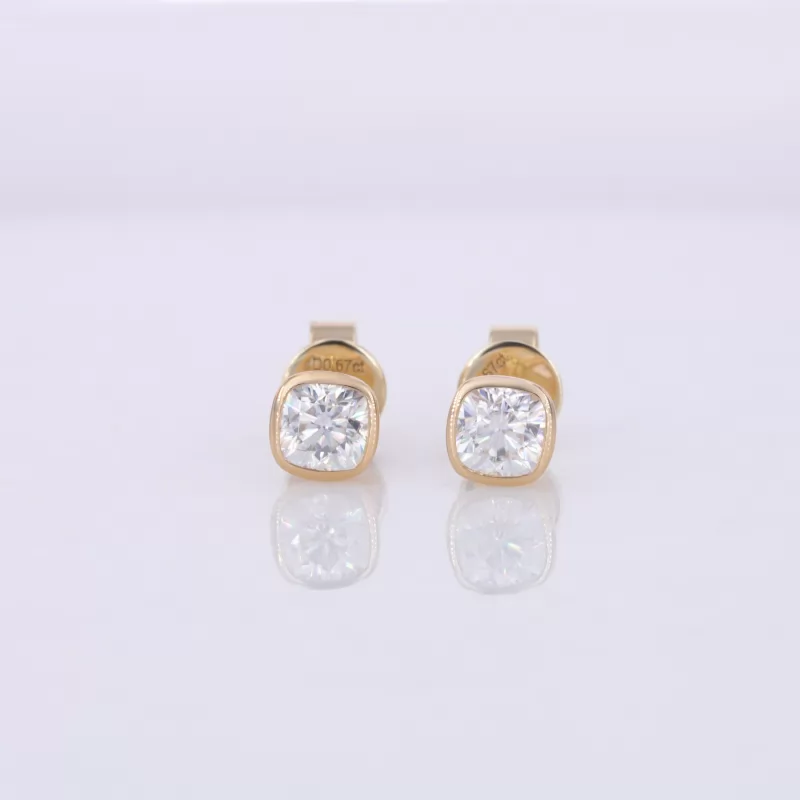 4×4mm Cushion Cut Moissanite Bezel Set 14K Yellow Gold Diamond Stud Earrings