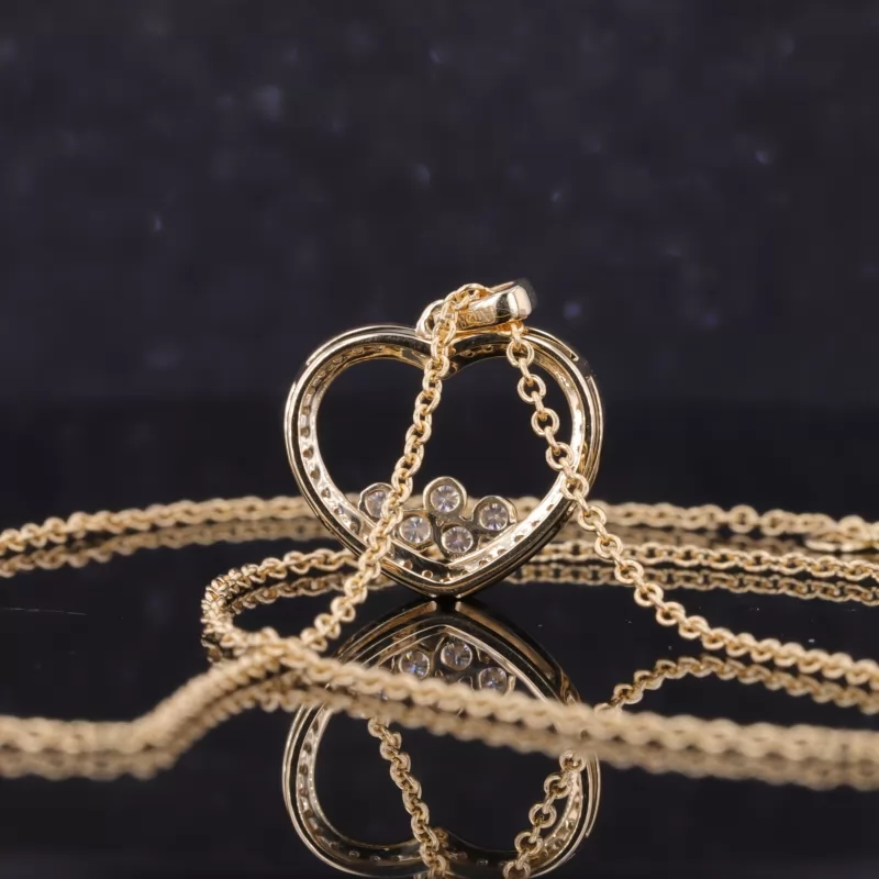 0.9mm & 1.5mm Round Brilliant Cut Moissanite 14K Yellow Gold Heart Shape Diamond Pendant Necklace