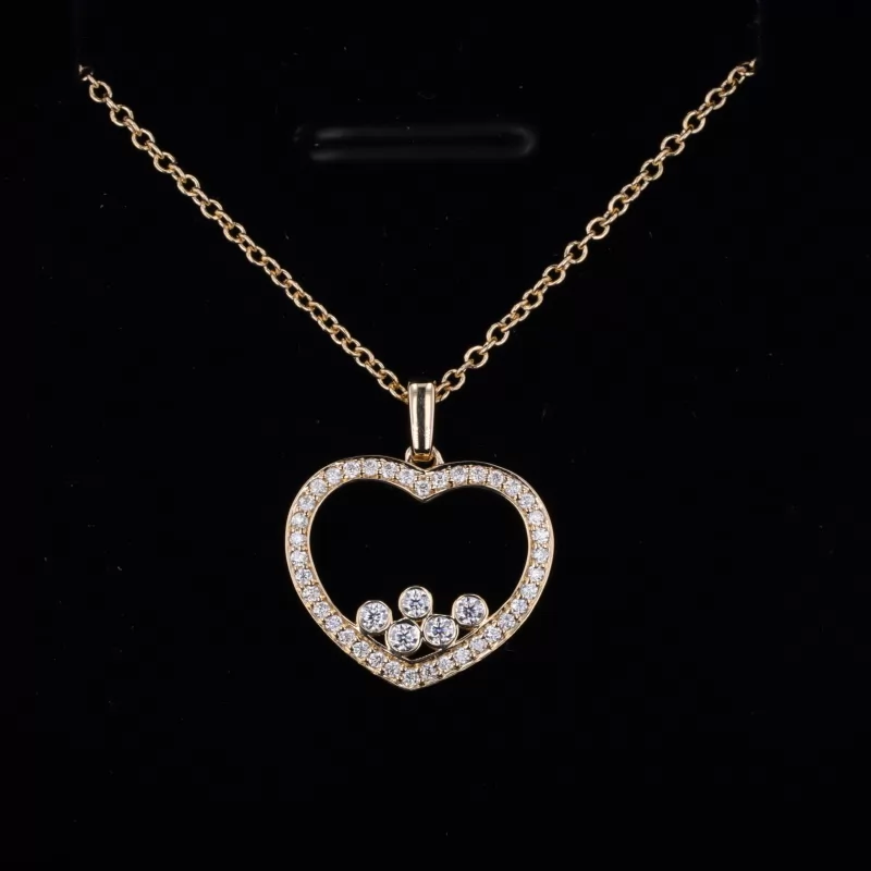 0.9mm & 1.5mm Round Brilliant Cut Moissanite 14K Yellow Gold Heart Shape Diamond Pendant Necklace