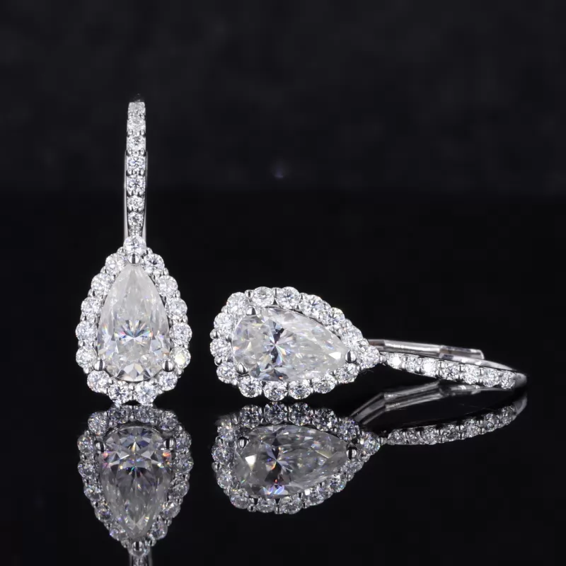 5×8mm Pear Cut Moissanite Halo Set 14K White Gold Drop Diamond Earrings