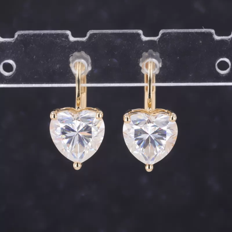 7.5×7.5mm Heart Cut Moissanite 10K Yellow Gold Diamond Earrings