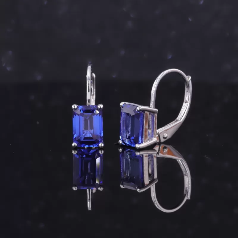 5×7mm Octagon Emerald Cut Lab Grown Sapphire 10K White Gold Diamond Earrings