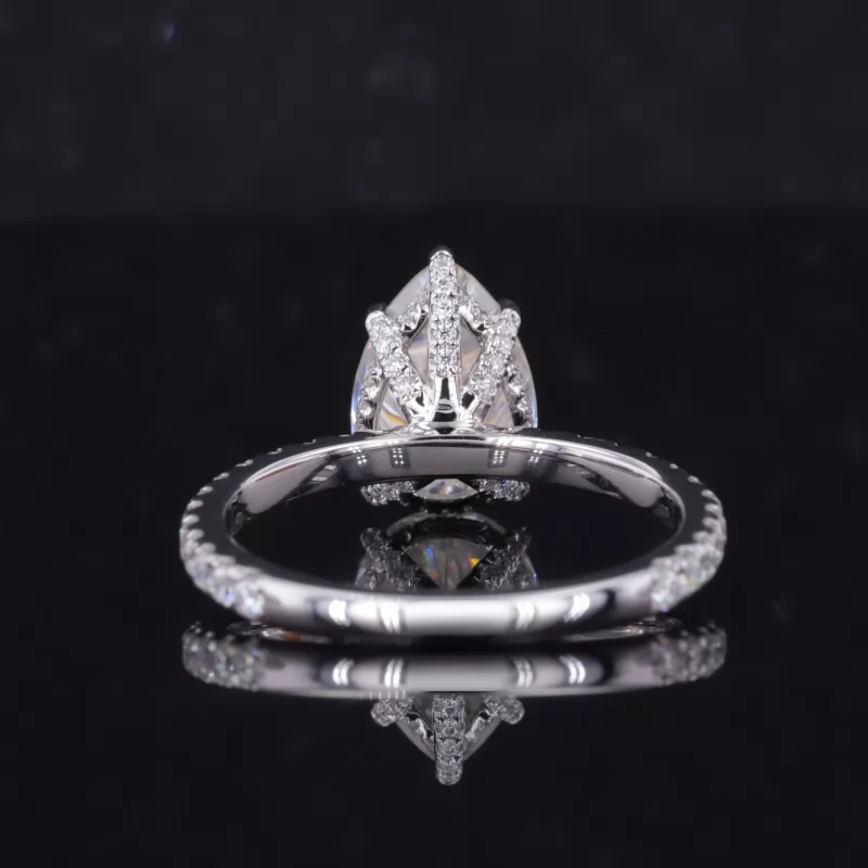 7×10mm Pear Cut Moissanite 14K White Gold Pave Engagement Ring