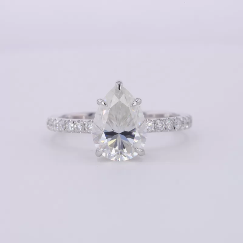7×10mm Pear Cut Moissanite 14K White Gold Pave Engagement Ring
