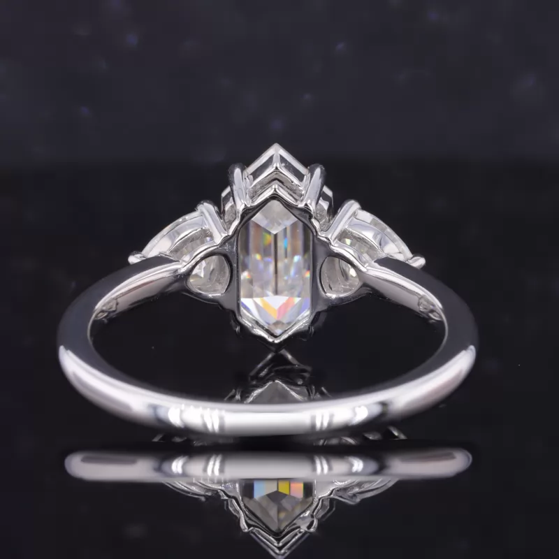 6.5×12.5mm Special Cut Hexagon Shape Moissanite PT950 Three Stone Engagement Ring
