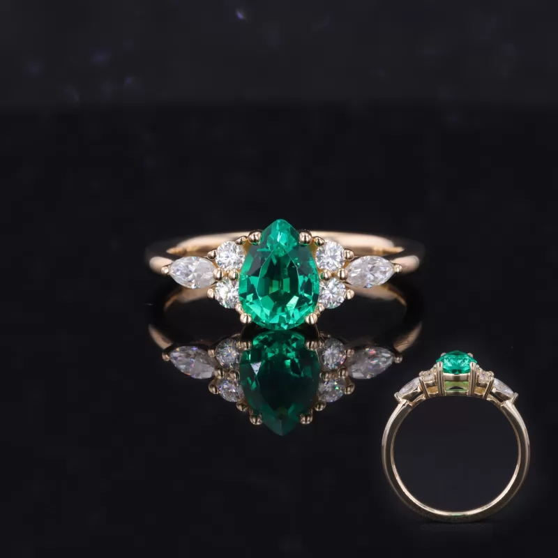 5×7mm Pear Cut Lab Grown Emerald With Side Moissanite 14K Yellow Gold Engagement Ring