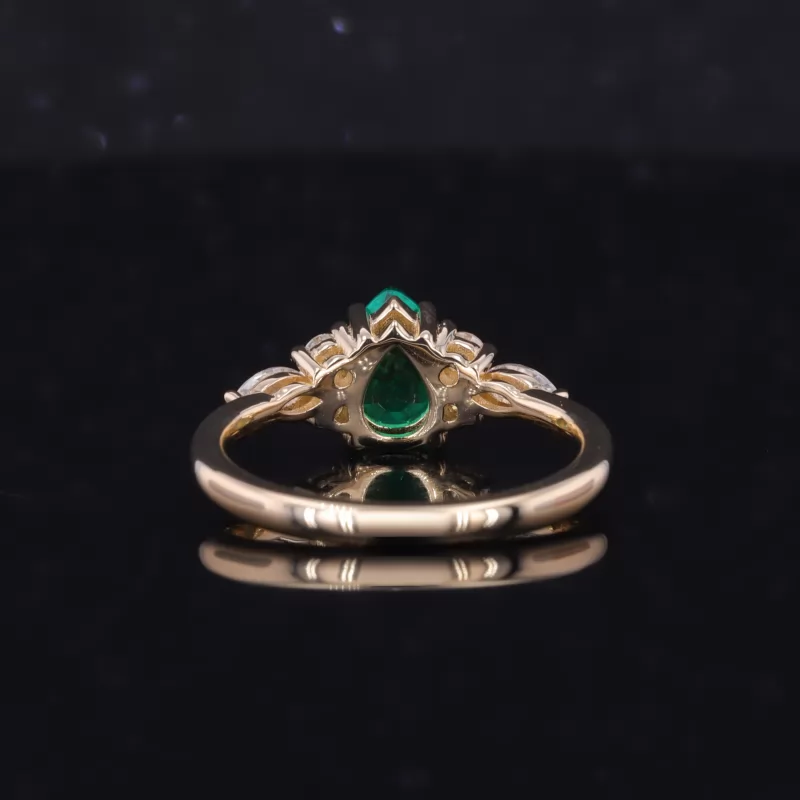 5×7mm Pear Cut Lab Grown Emerald With Side Moissanite 14K Yellow Gold Engagement Ring