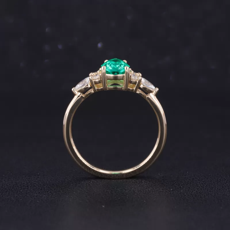 5×7mm Pear Cut Lab Grown Emerald With Side Moissanite 14K Yellow Gold Engagement Ring