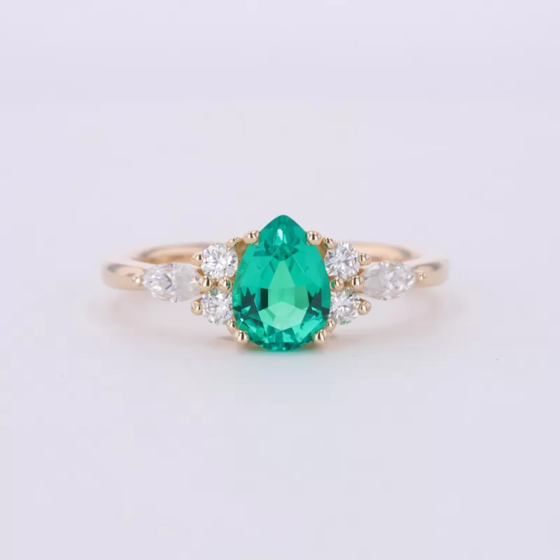 5×7mm Pear Cut Lab Grown Emerald With Side Moissanite 14K Yellow Gold Engagement Ring