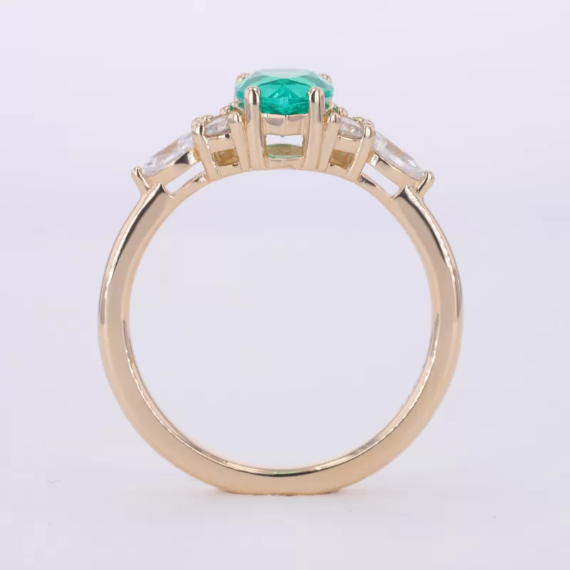 5×7mm Pear Cut Lab Grown Emerald With Side Moissanite 14K Yellow Gold Engagement Ring