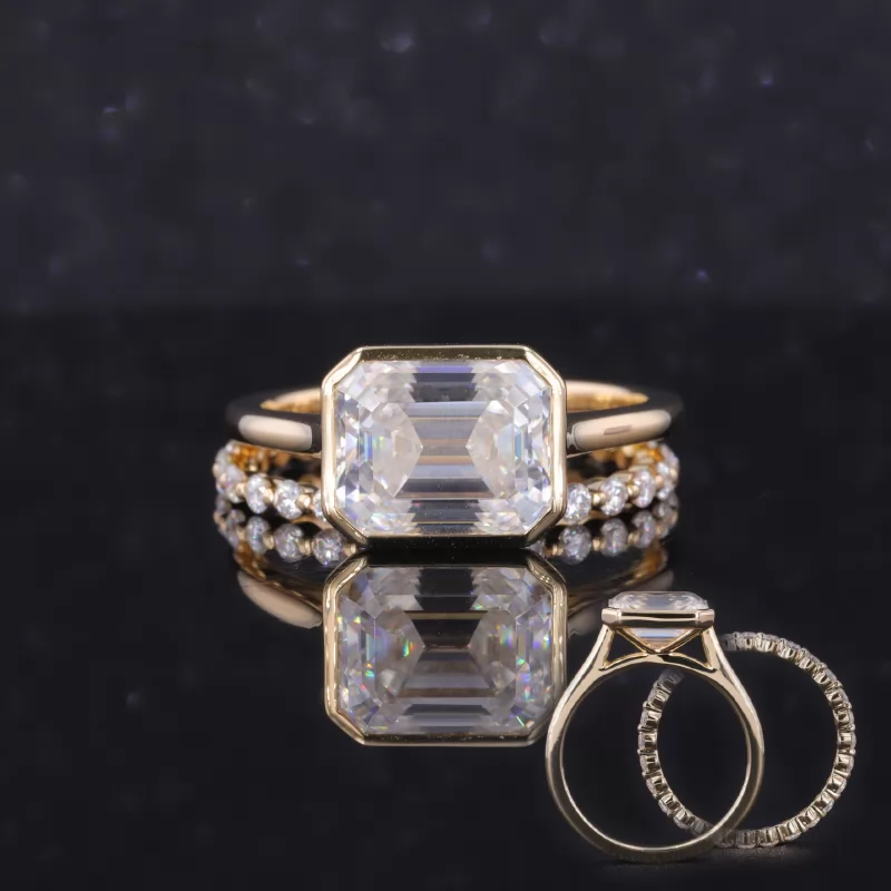 8×10mm Octagon Emerald Cut Moissanite Bezel Set 14K Yellow Gold Stackable Rings