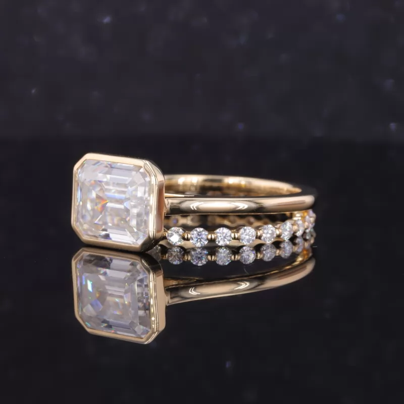 8×10mm Octagon Emerald Cut Moissanite Bezel Set 14K Yellow Gold Stackable Rings