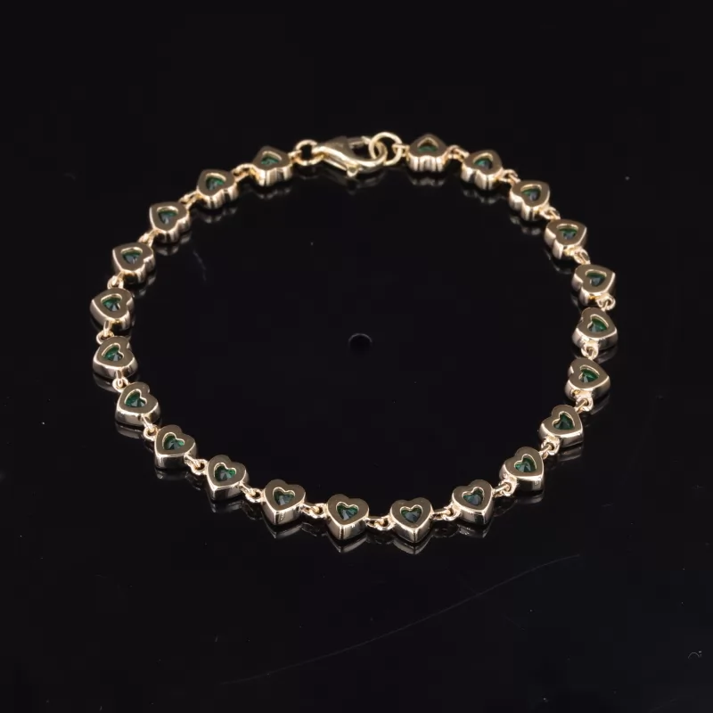 3×3mm Heart Cut Lab Gemstones Bezel Set 9K Yellow Gold Tennis Bracelets