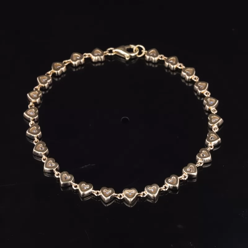 3×3mm Heart Cut Lab Gemstones Bezel Set 9K Yellow Gold Tennis Bracelets