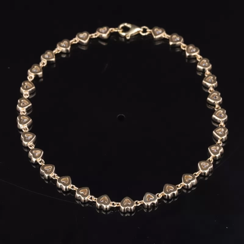 3×3mm Heart Cut Lab Gemstones Bezel Set 9K Yellow Gold Tennis Bracelets