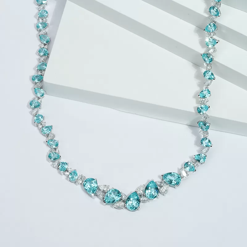 Pear Cut Lab Grown Paraiba Sapphire 14K White Gold Diamond Necklace