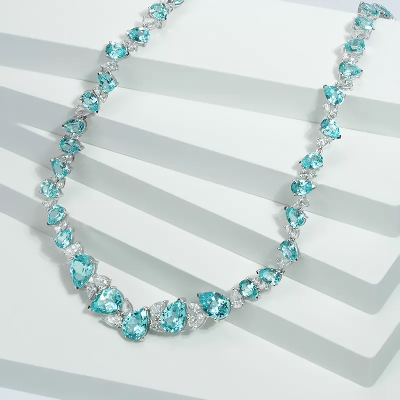 Pear Cut Lab Grown Paraiba Sapphire 14K White Gold Diamond Necklace