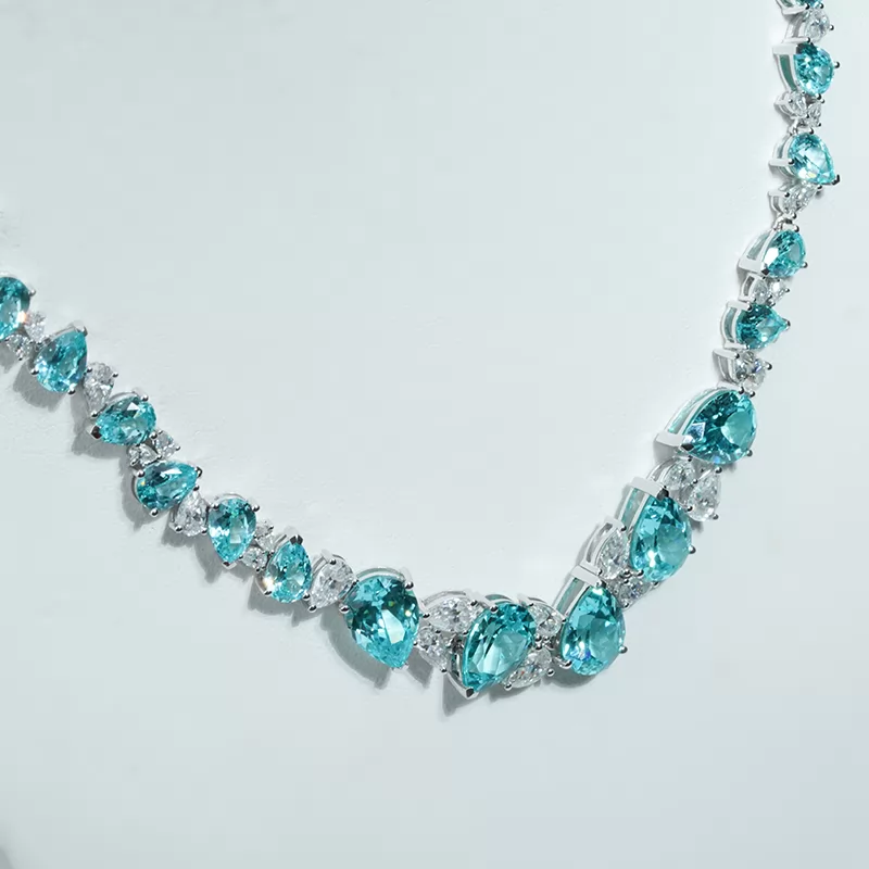 Pear Cut Lab Grown Paraiba Sapphire 14K White Gold Diamond Necklace