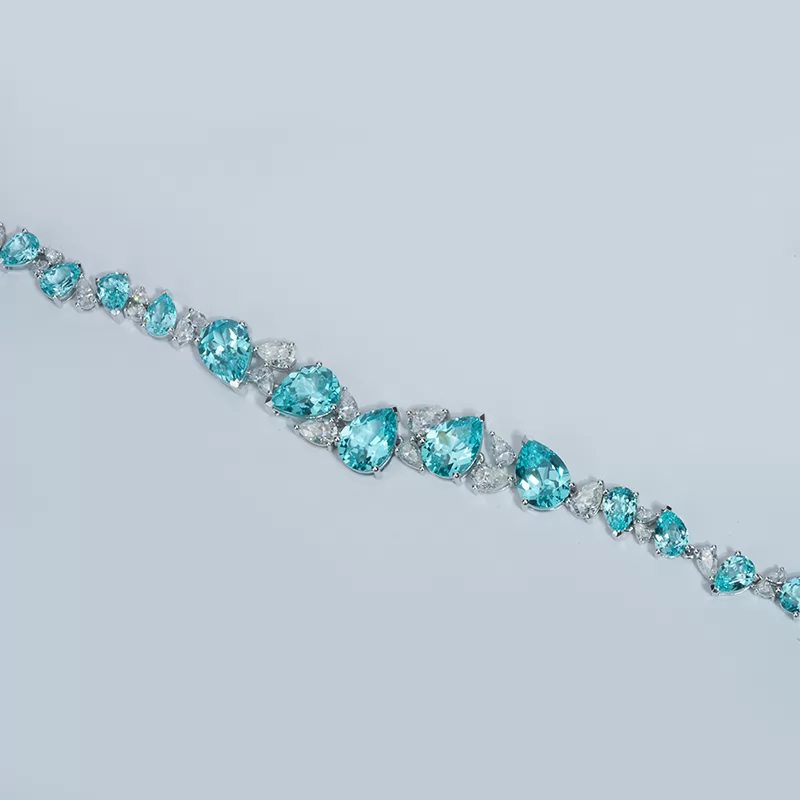 Pear Cut Lab Grown Paraiba Sapphire 14K White Gold Diamond Necklace