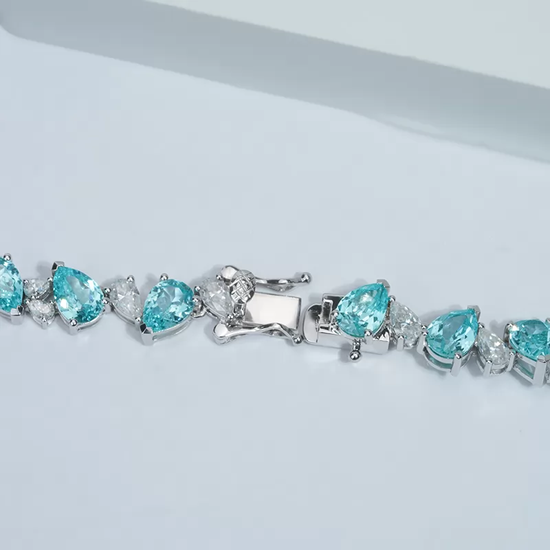 Pear Cut Lab Grown Paraiba Sapphire 14K White Gold Diamond Necklace