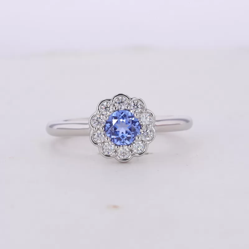 5mm Round Brilliant Cut Lab Grown Sapphire S925 Sterling Silver Halo Engagement Ring