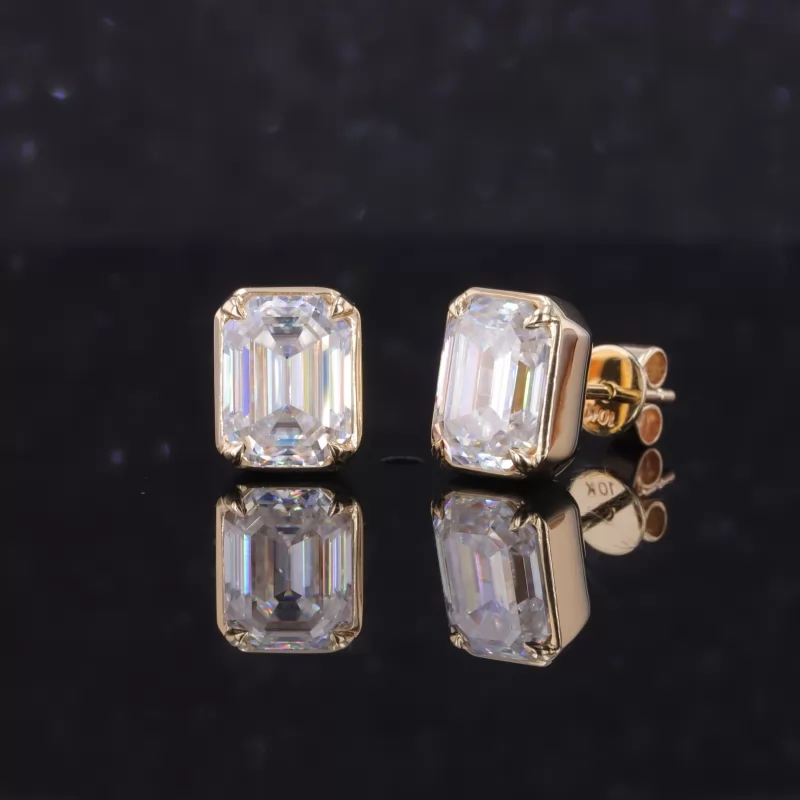 6×8mm Octagon Emerald Cut Moissanite Bezel Set 10K Yellow Gold Diamond Stud Earrings